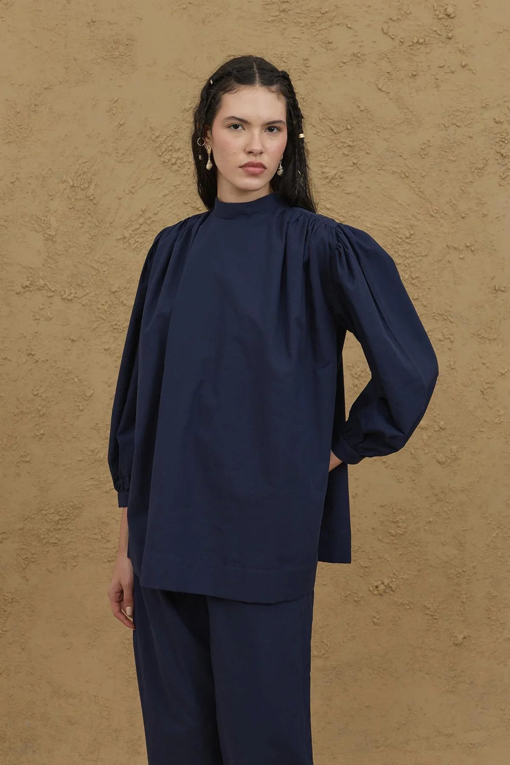 Shirt with Gathered Detail, Navy Blue