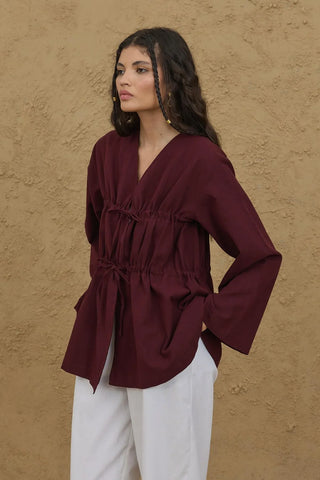 Büzgü Detaylı Kimono Bordo - Fahhar Design
