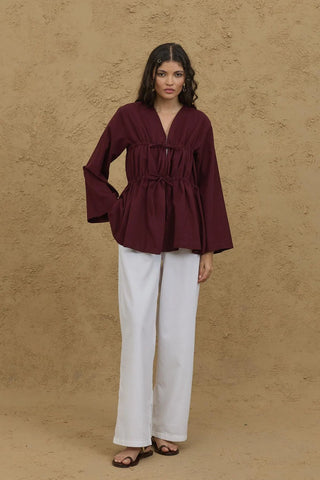 Büzgü Detaylı Kimono Bordo - Fahhar Design