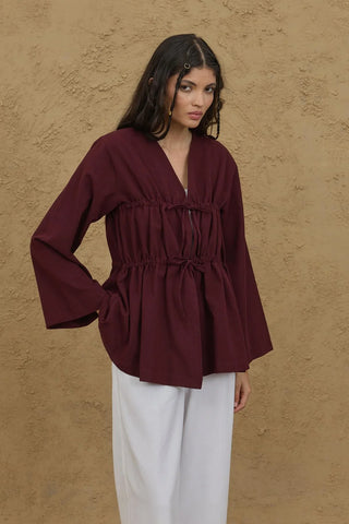Büzgü Detaylı Kimono Bordo - Fahhar Design