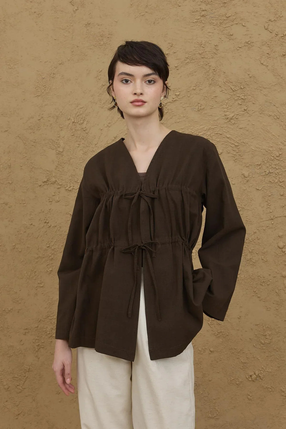 Kimono with Gathered Detail Dark Brown