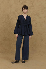Navy Blue Kimono with Gathered Detail