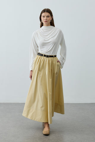 Büzgü Detaylı Maxi Etek Sarı