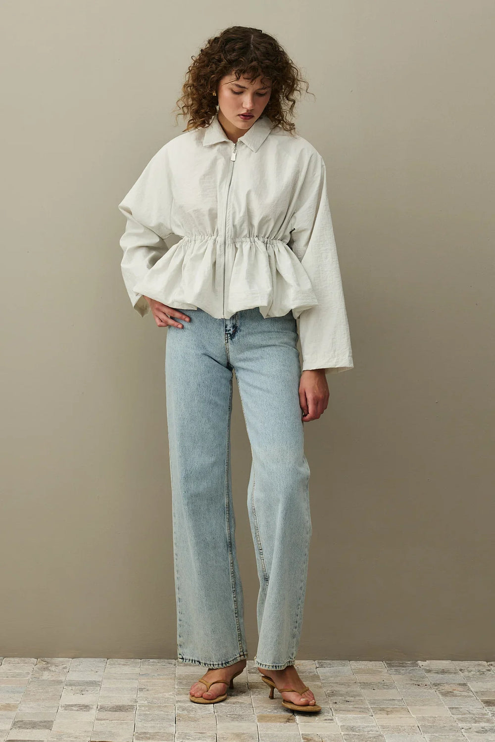 Gathered Puffer Jacket Beige