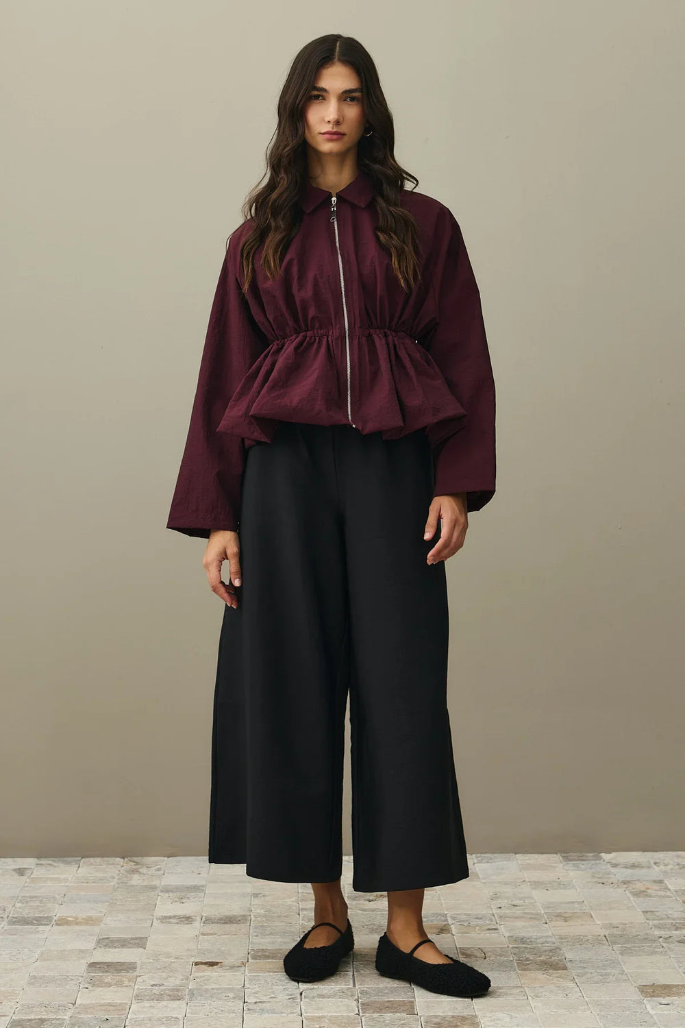 Burgundy Puffer Jacket with Drawstring