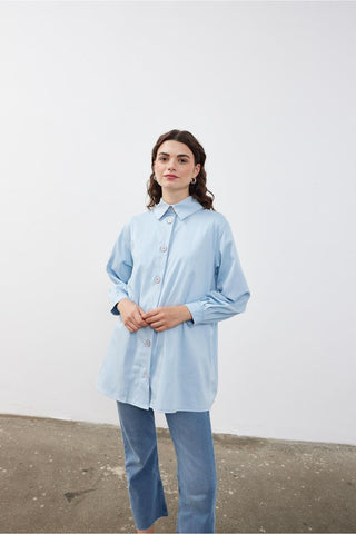 Büzgülü Bol Kadın Gömlek Ceket Mavi Mavi