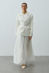 Büzgülü Dökümlü Maxi Etek Ekru