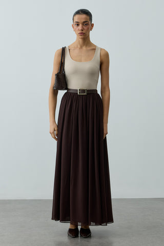 Büzgülü Dökümlü Maxi Etek Kahverengi