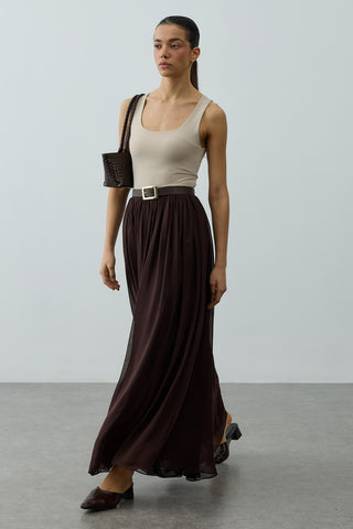 Büzgülü Dökümlü Maxi Etek Kahverengi
