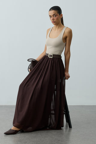 Büzgülü Dökümlü Maxi Etek Kahverengi