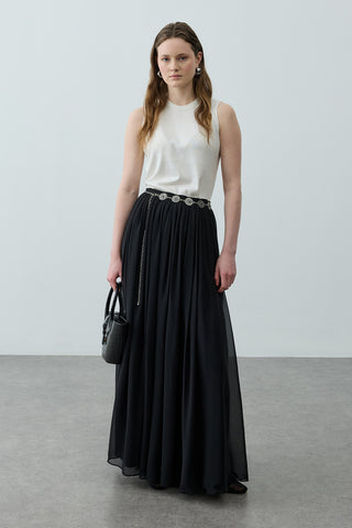 Büzgülü Dökümlü Maxi Etek Siyah