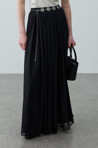 Büzgülü Dökümlü Maxi Etek Siyah