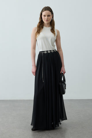 Büzgülü Dökümlü Maxi Etek Siyah