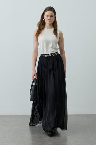 Büzgülü Dökümlü Maxi Etek Siyah