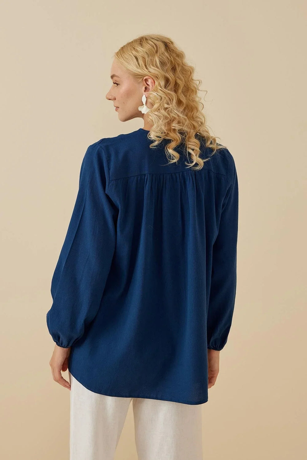 Gathered Linen Shirt Blue