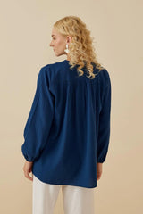 Büzgülü Keten Gömlek Mavi