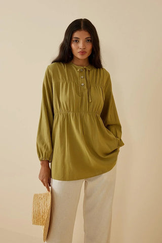 Gathered Linen Shirt Green