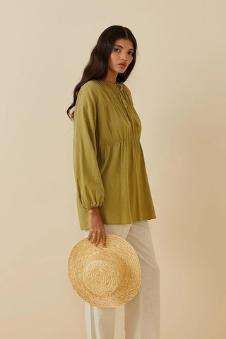 Büzgülü Keten Gömlek Yeşil - Fahhar Design