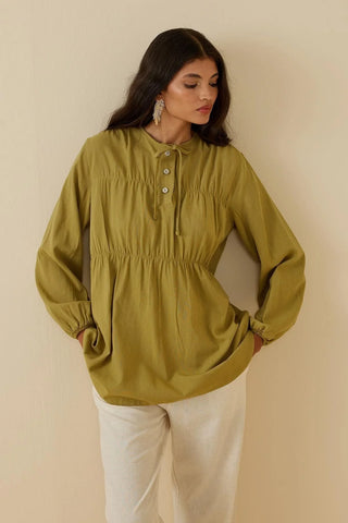 Büzgülü Keten Gömlek Yeşil - Fahhar Design