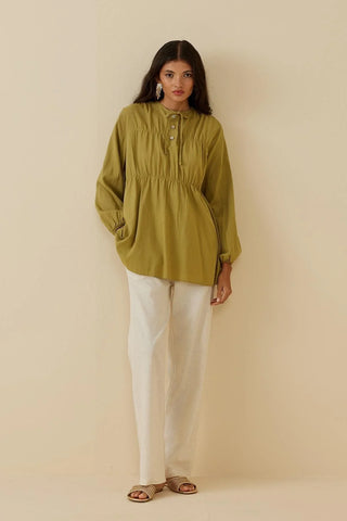 Büzgülü Keten Gömlek Yeşil - Fahhar Design