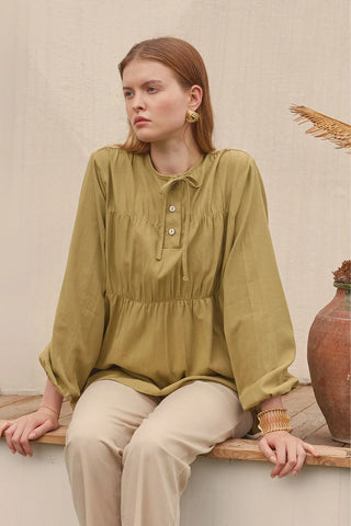 Büzgülü Keten Gömlek Yeşil - Fahhar Design