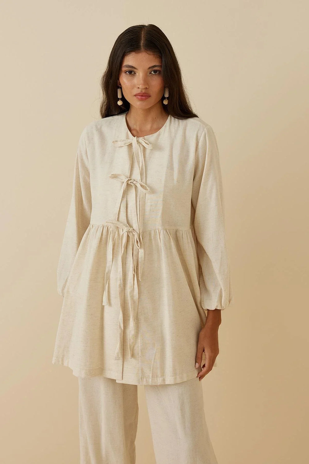 Pleated Linen Kimono Beige