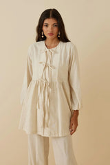 Büzgülü Keten Kimono Bej