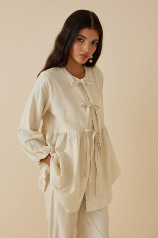 Büzgülü Keten Kimono Bej - Fahhar Design