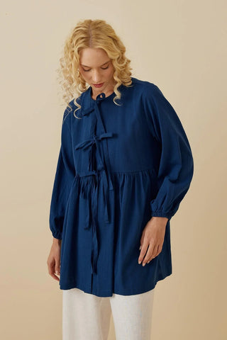 Büzgülü Keten Kimono Mavi - Fahhar Design