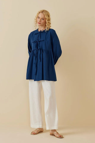 Büzgülü Keten Kimono Mavi - Fahhar Design