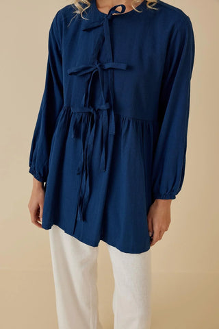 Büzgülü Keten Kimono Mavi - Fahhar Design