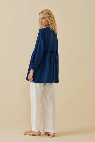 Büzgülü Keten Kimono Mavi - Fahhar Design