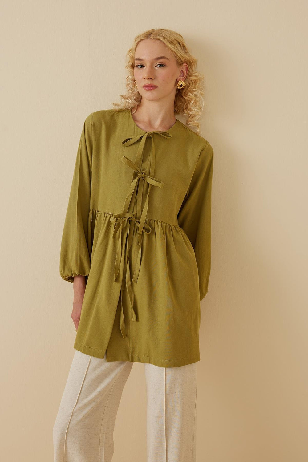 Gathered Linen Kimono Green