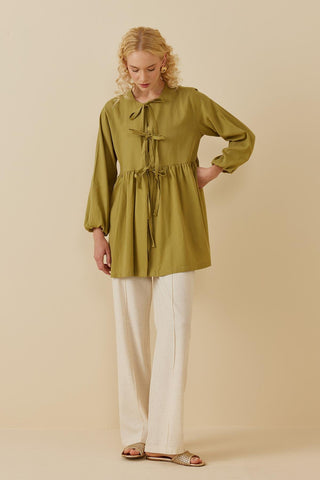Büzgülü Keten Kimono Yeşil - Fahhar Design