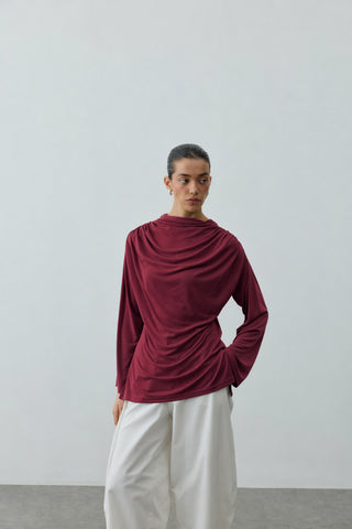 Büzgülü Modal Örme Bluz Bordo