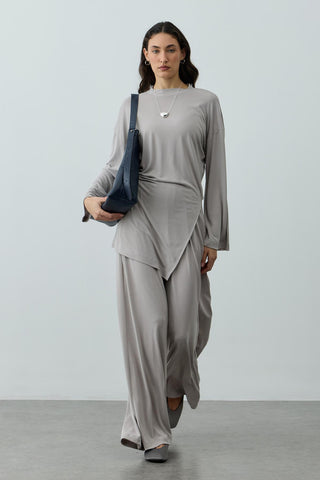 Büzgülü Modal Örme Takım Açık Gri
