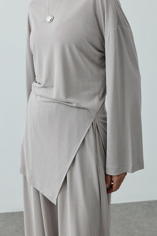 Büzgülü Modal Örme Takım Açık Gri