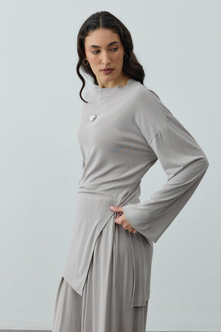 Büzgülü Modal Örme Takım Açık Gri