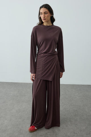 Büzgülü Modal Örme Takım Kahverengi