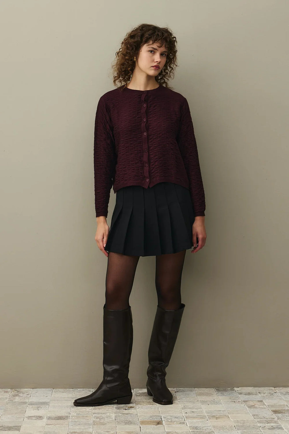 Shirred Viscone Cardigan Claret Red