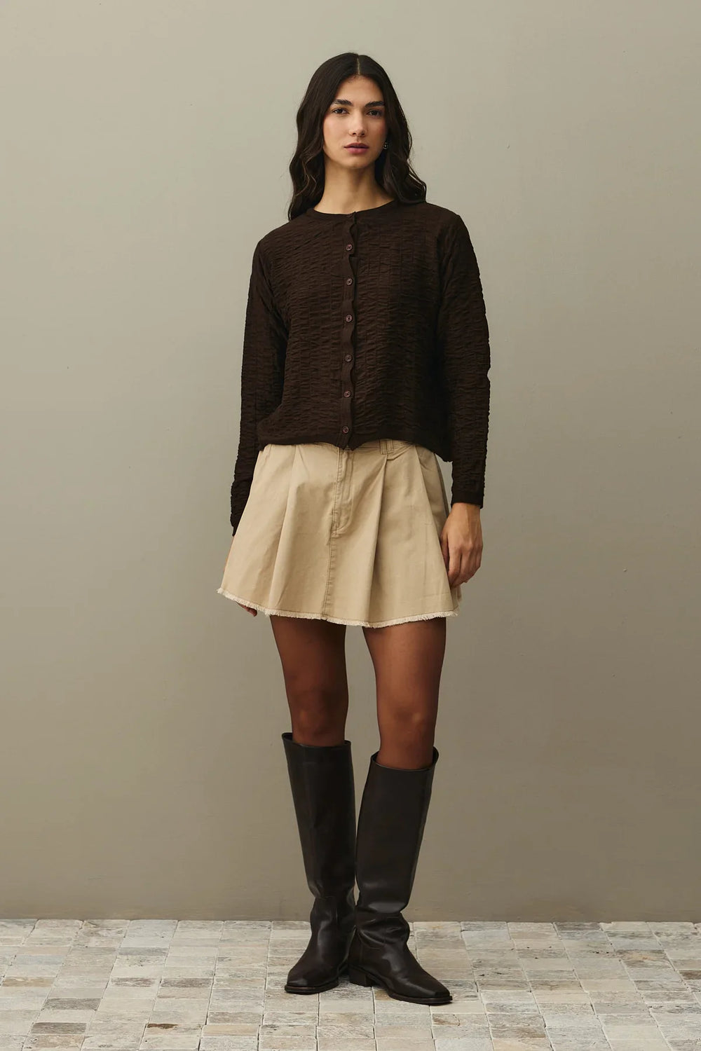 Shirred Viscone Cardigan Brown