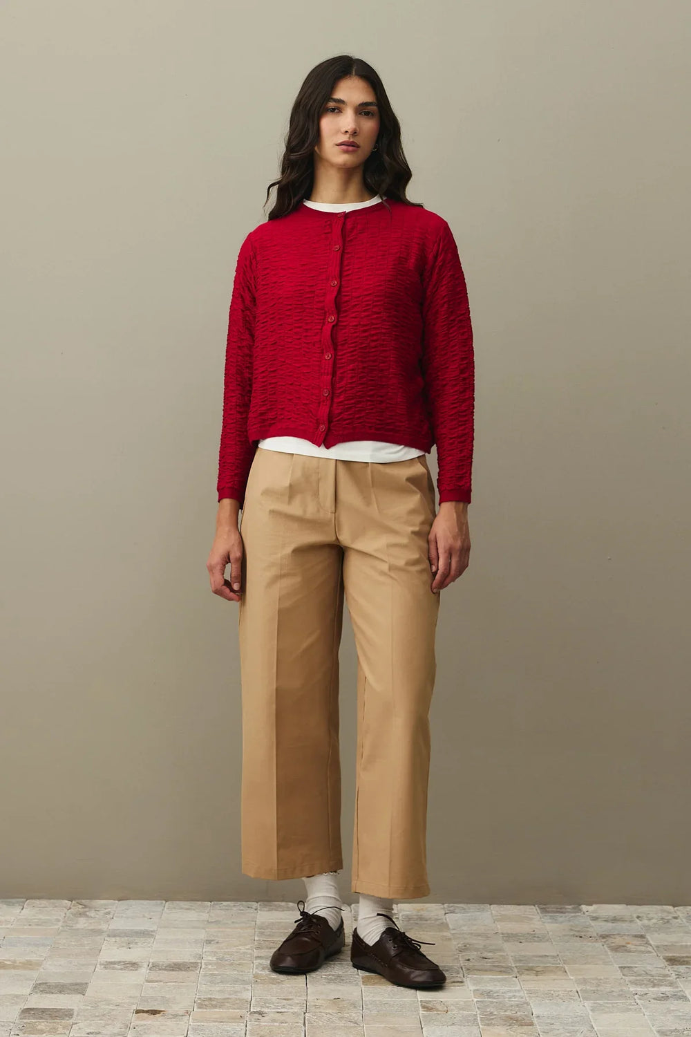 Shirred Viscone Cardigan Red