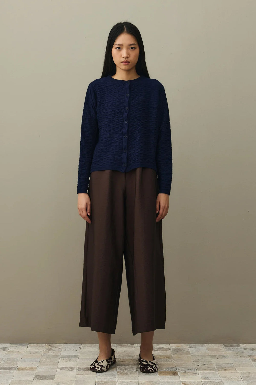 Shirred Viscone Cardigan Navy Blue