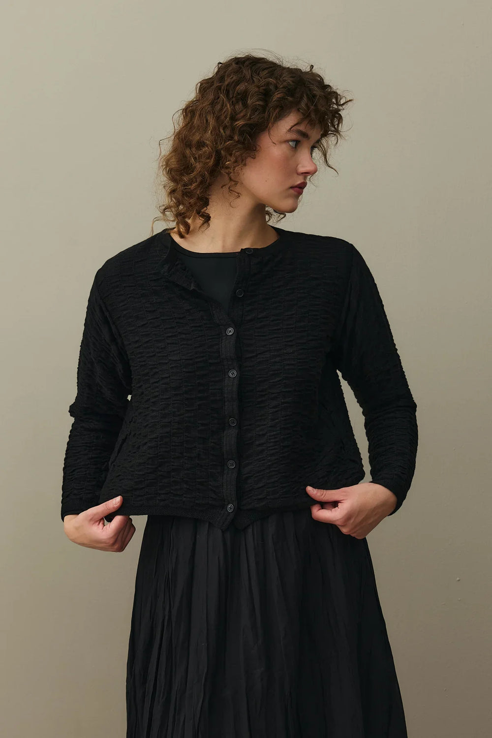 Shirred Viscone Cardigan Black