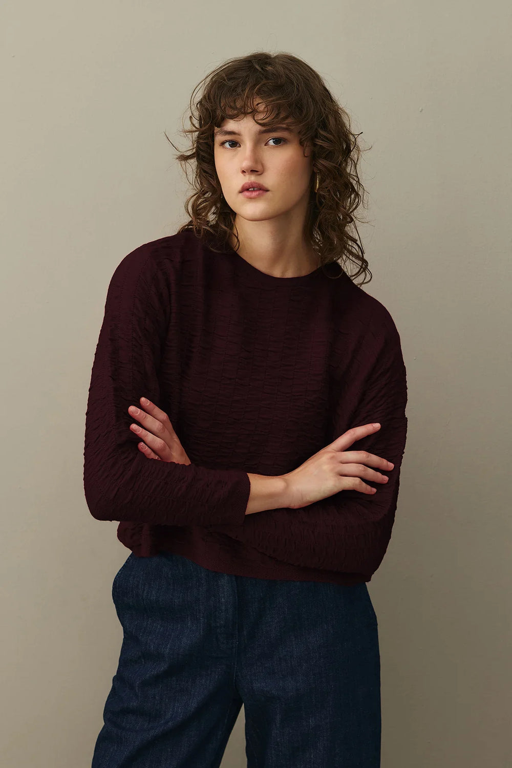Shirred Viscone Sweater Burgundy