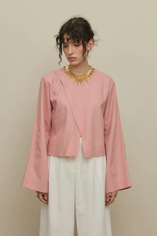 Çapraz Kapamalı Keten Üst Pembe
