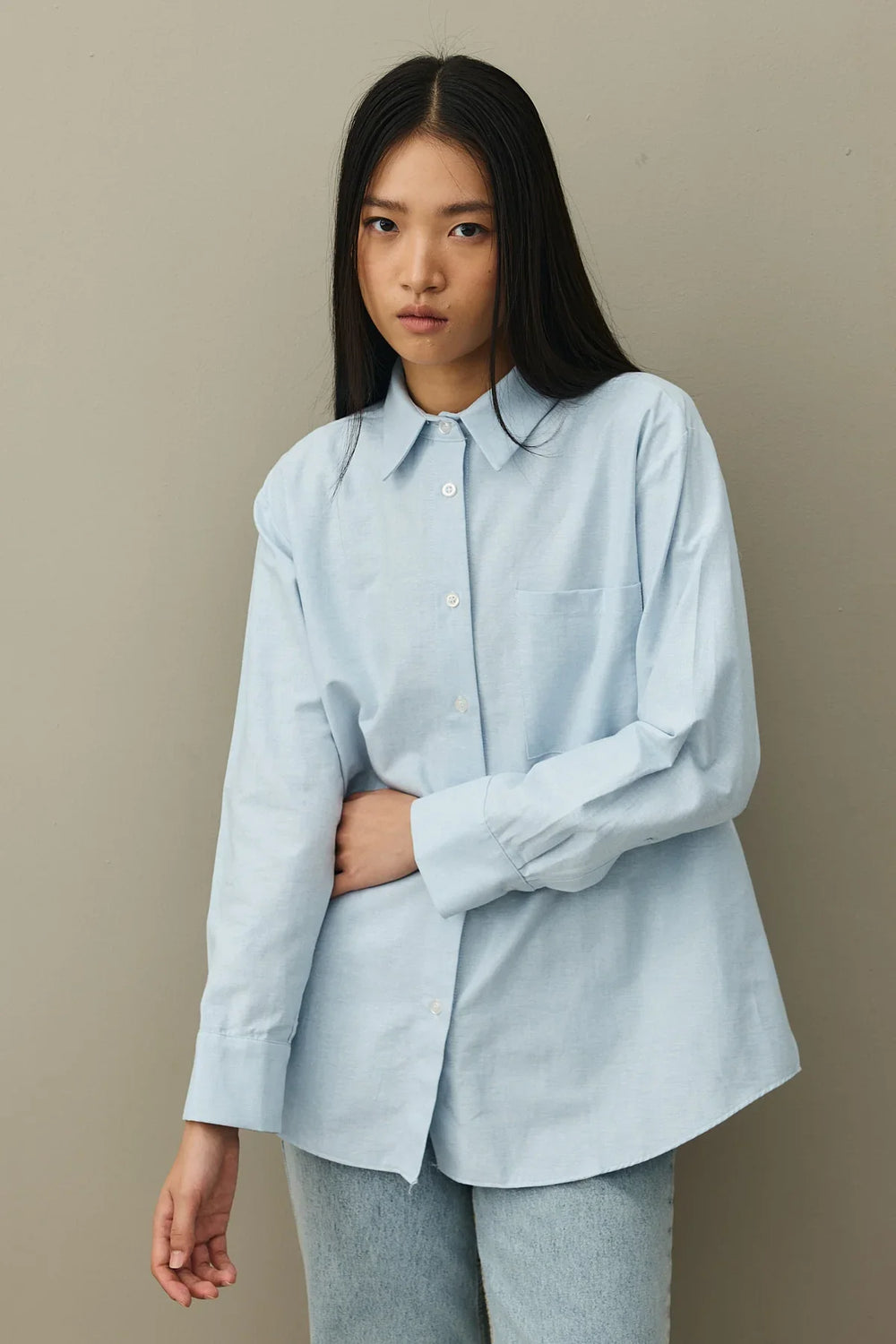 Diagonal Pleated Basic Shirt Blue
