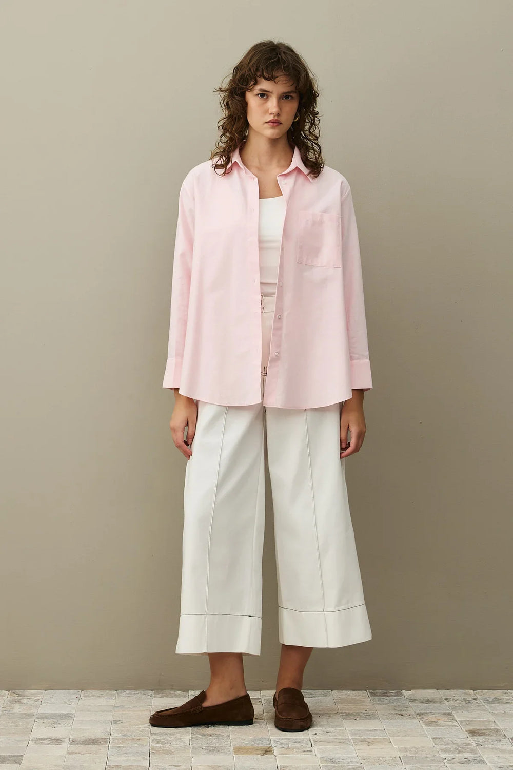 Diagonal Pleated Basic Shirt Pink