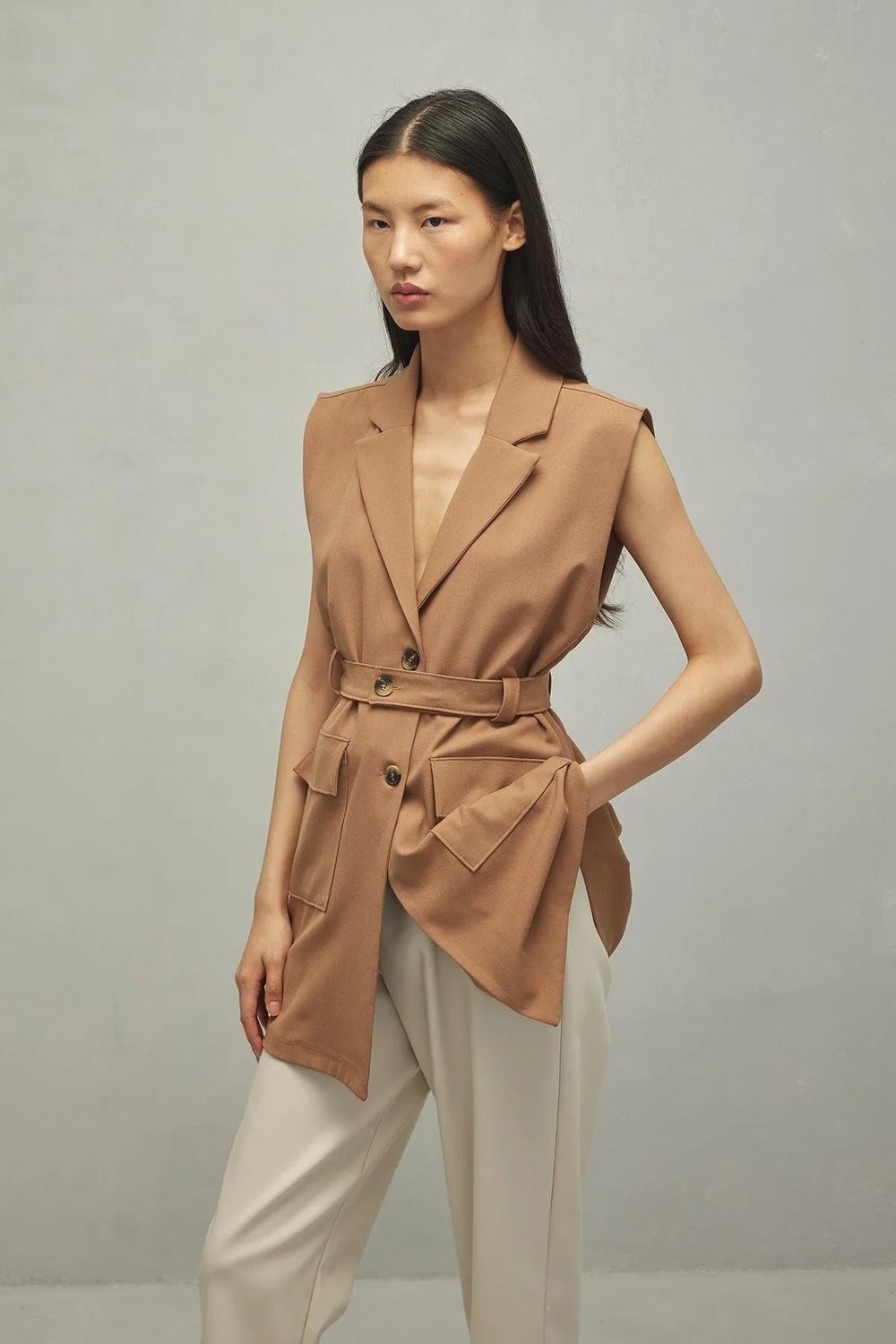 Women's Camel Vest with Pockets
