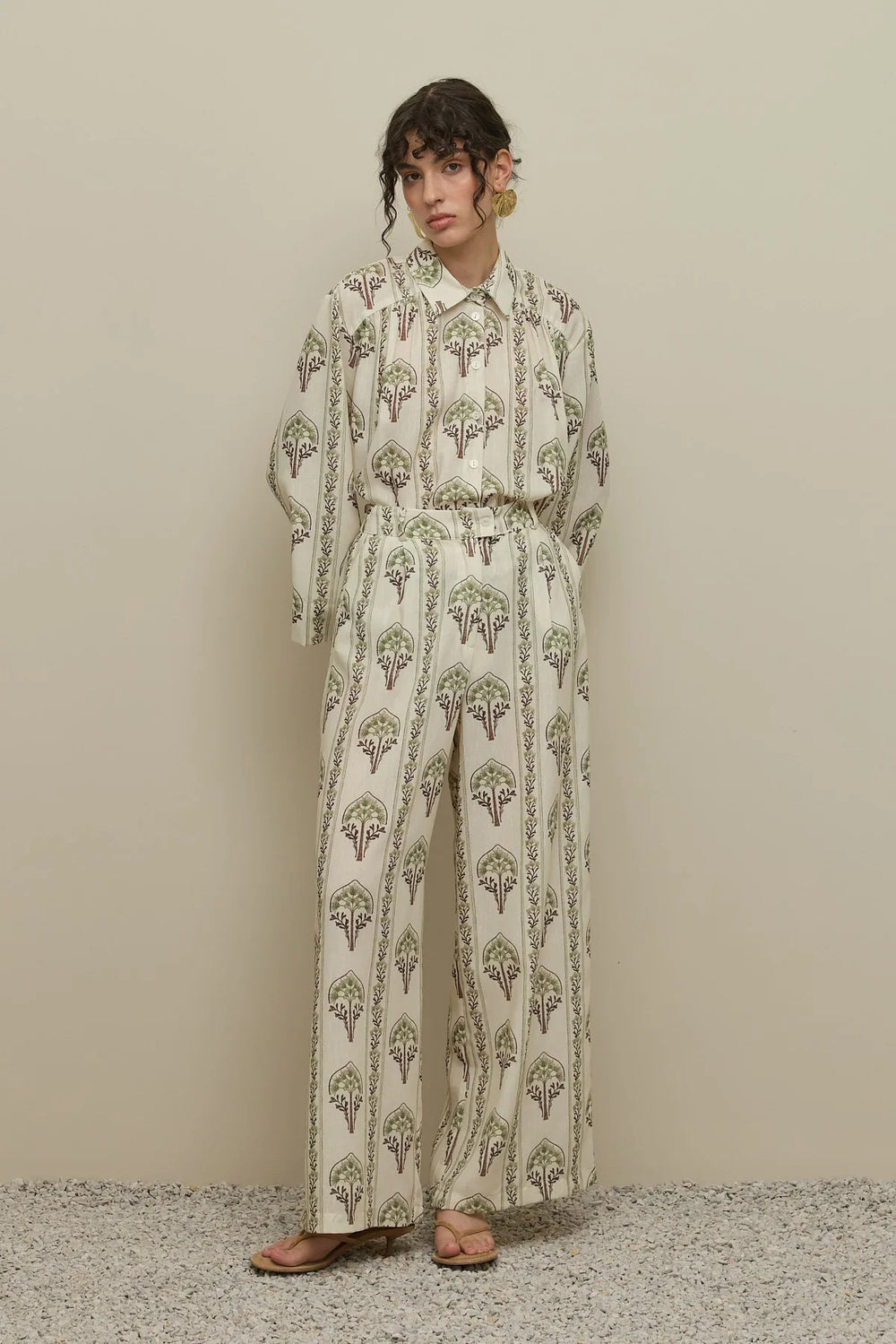 Floral Patterned Shirt Set Light Green